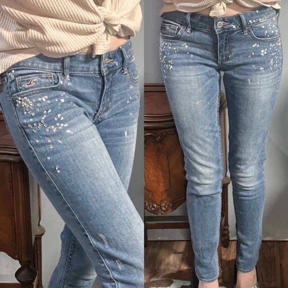 Y2K Artsy Glam Bedazzled Hollister Skinny Jeans 27” X 31” - Picture 1 of 3